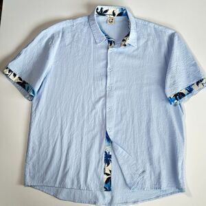 HARDADDY Blue Palm Tropical Print Short Sleeve Button-Up Cotton Shirt Mens L